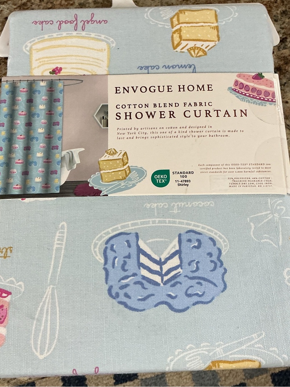 Envogue Light Blue Cotton Blend Shower Curtain with Dessert Motif